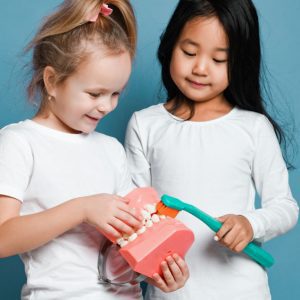 Two young children play with an oversized toothbrush and model teeth