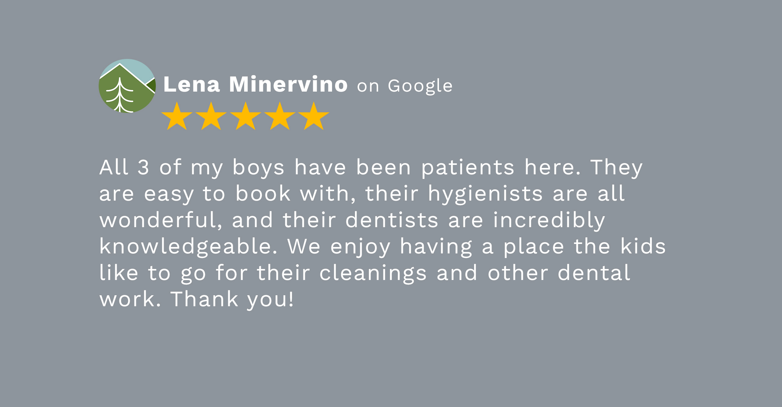 A decorative Google Review graphic with 5 stars and the name Lena Minervino.