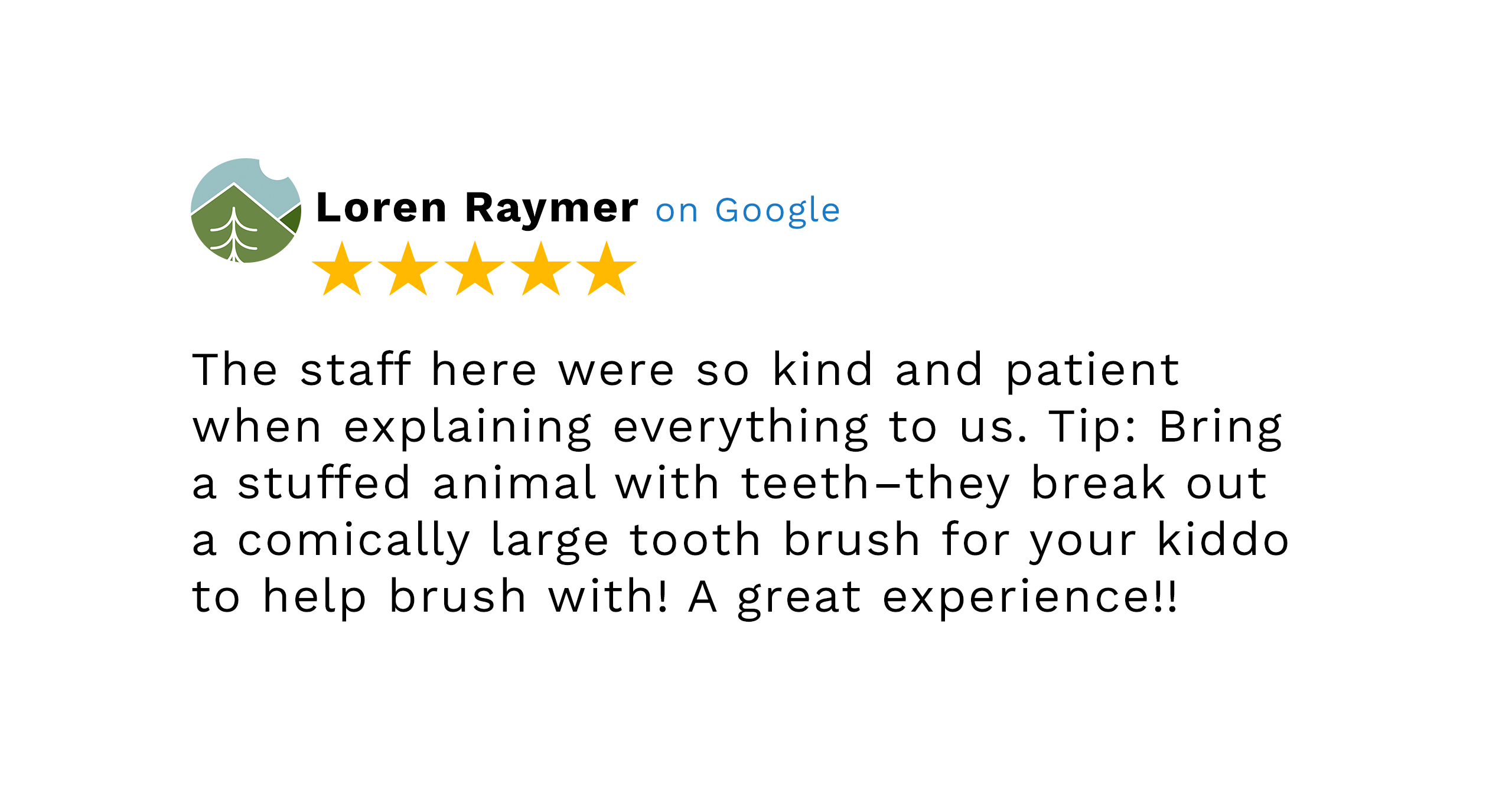 A decorative Google Review graphic with 5 stars and the name Loren Raymer.