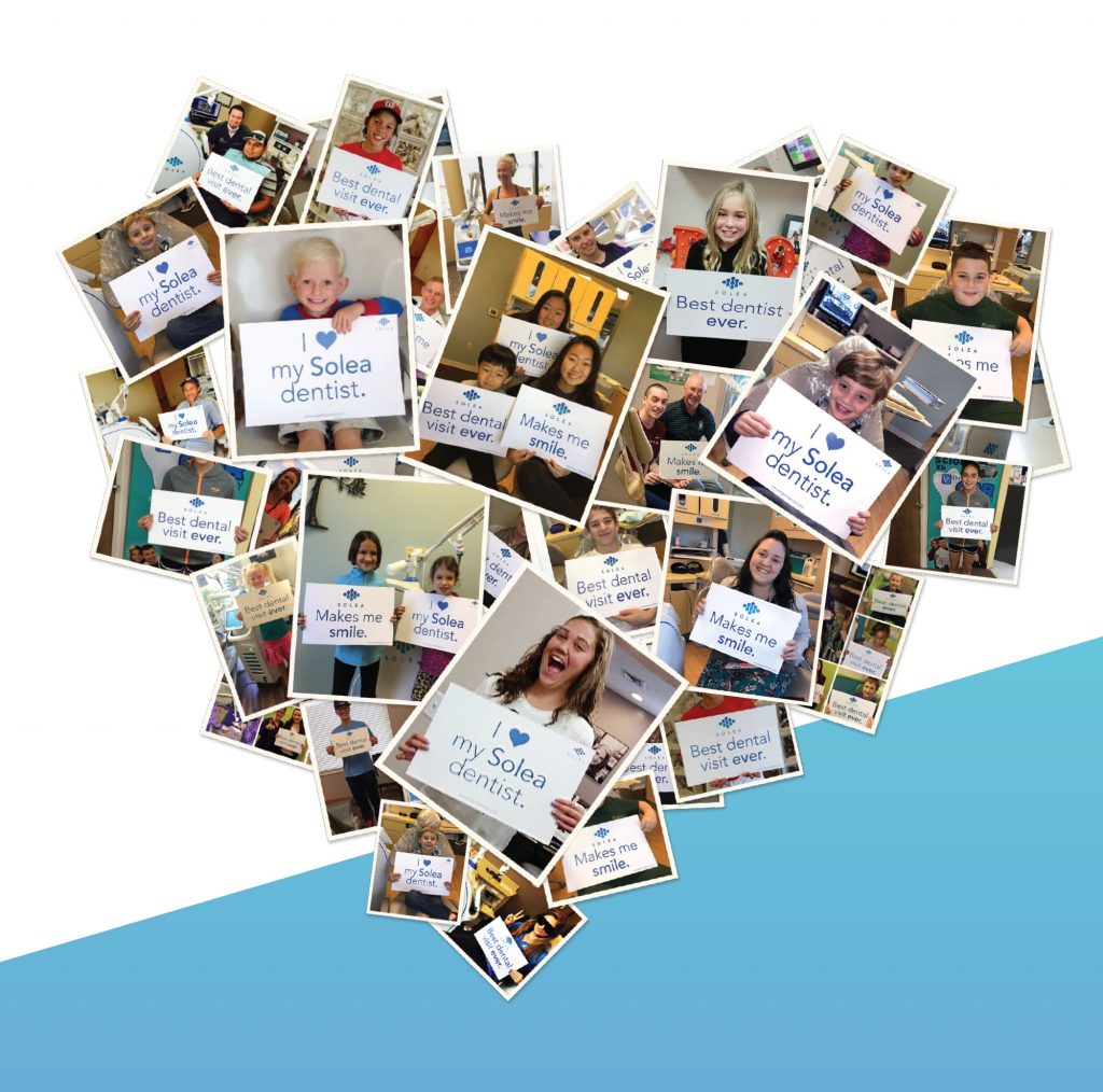 A collage of photographs of smiling kids at the dentist office in the shape of a heart.