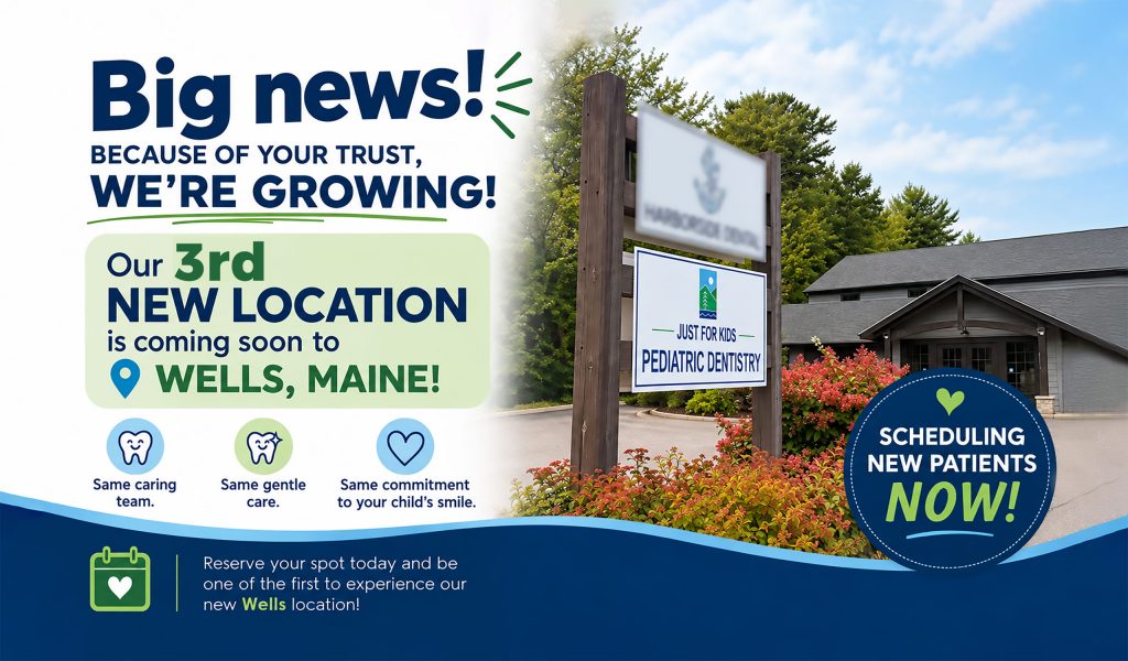 A brown building with plants and a sign in front displaying Just For Kids Pediatric Dentistry office in Wells Maine