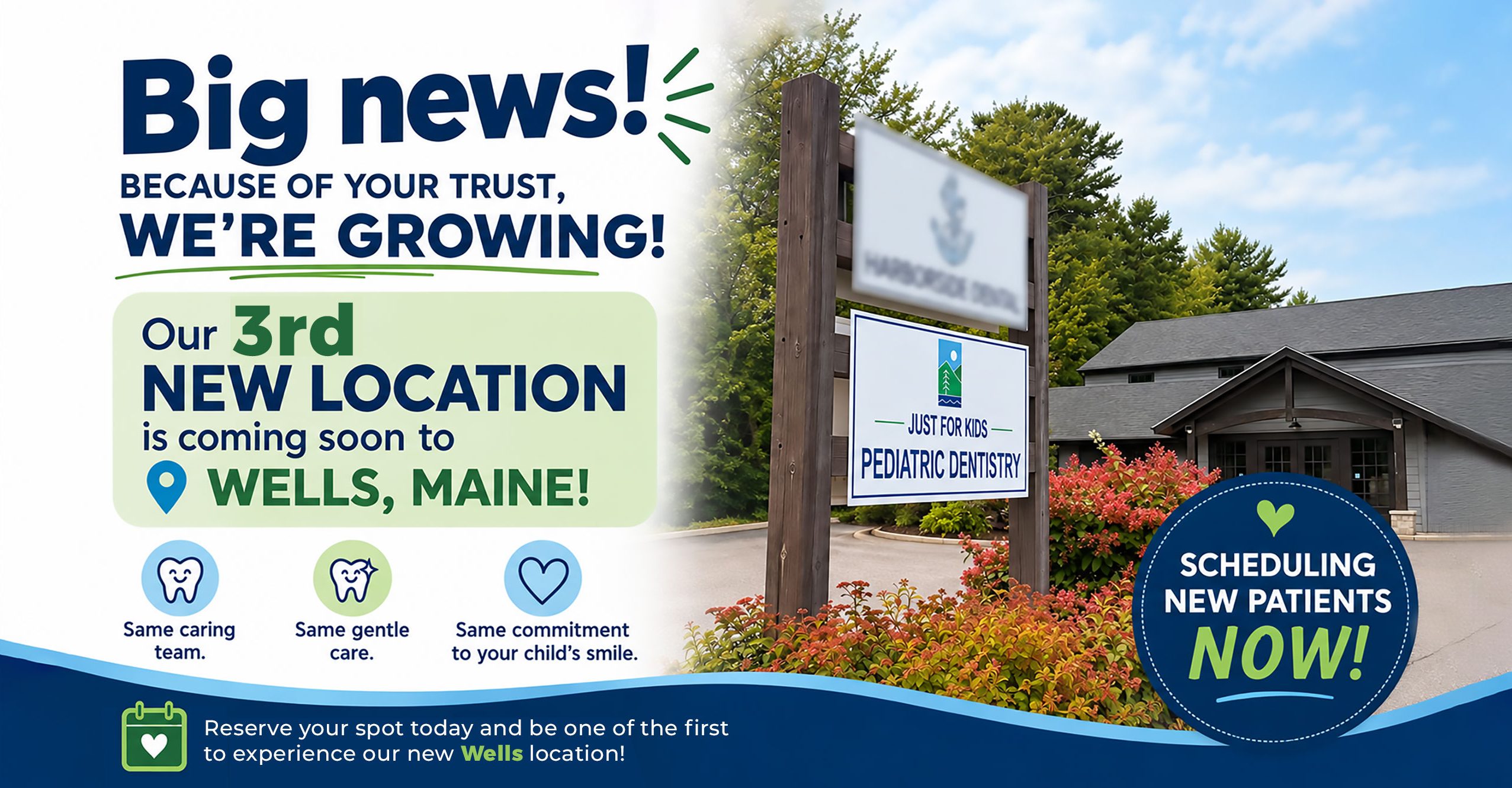 A brown building with plants and a sign in front displaying Just For Kids Pediatric Dentistry office in Wells Maine