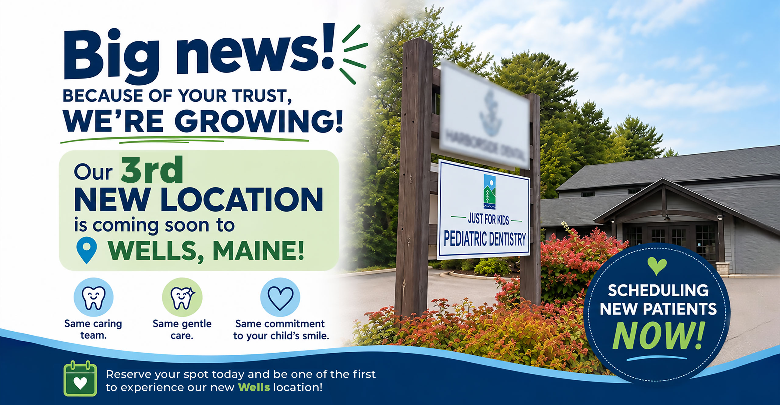 A brown building with plants and a sign in front displaying Just For Kids Pediatric Dentistry office in Wells Maine
